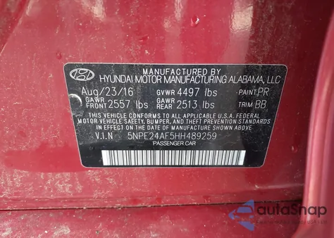 2017 Hyundai Sonata Se z USA, uszkodzony, nr VIN 5NPE24AF5HH489259